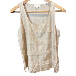 J. Crew Beige Silk Tank Raw Edge Lace Detail Scoop Neck Sz 4